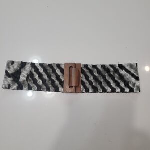 Belt handmade Black and White Beaded Belt with Wooden Buckle Zebra Print